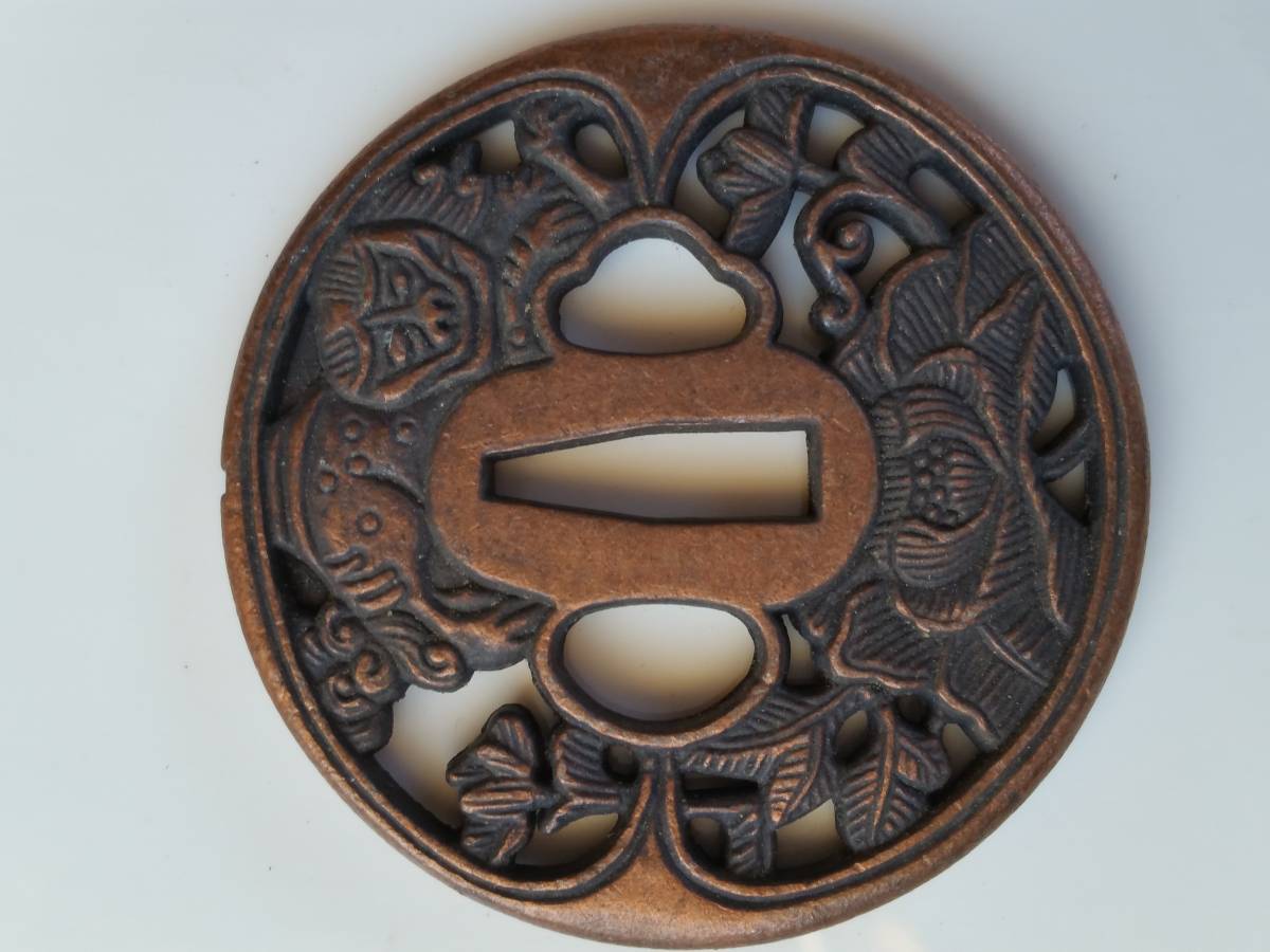 鍔 牡丹獅子図 刀鍔 鐔 - 日本刀装具 刀装具 一乗斎銘 日本