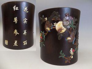 岡黒 極上 岡黒 極上 初だし品 唐物 紫檀箱 寿山石 唐子彫刻