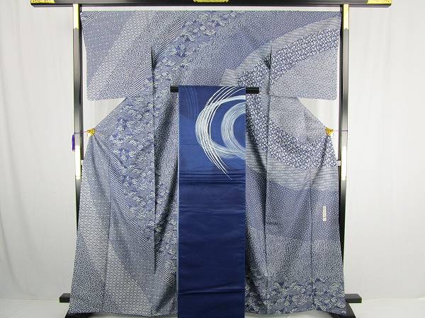 着物ふぁんた■最高級　天然灰汁醗酵建手藍染　松本輝夫　本場染大島紬　訪問着　袋帯　セット y1977