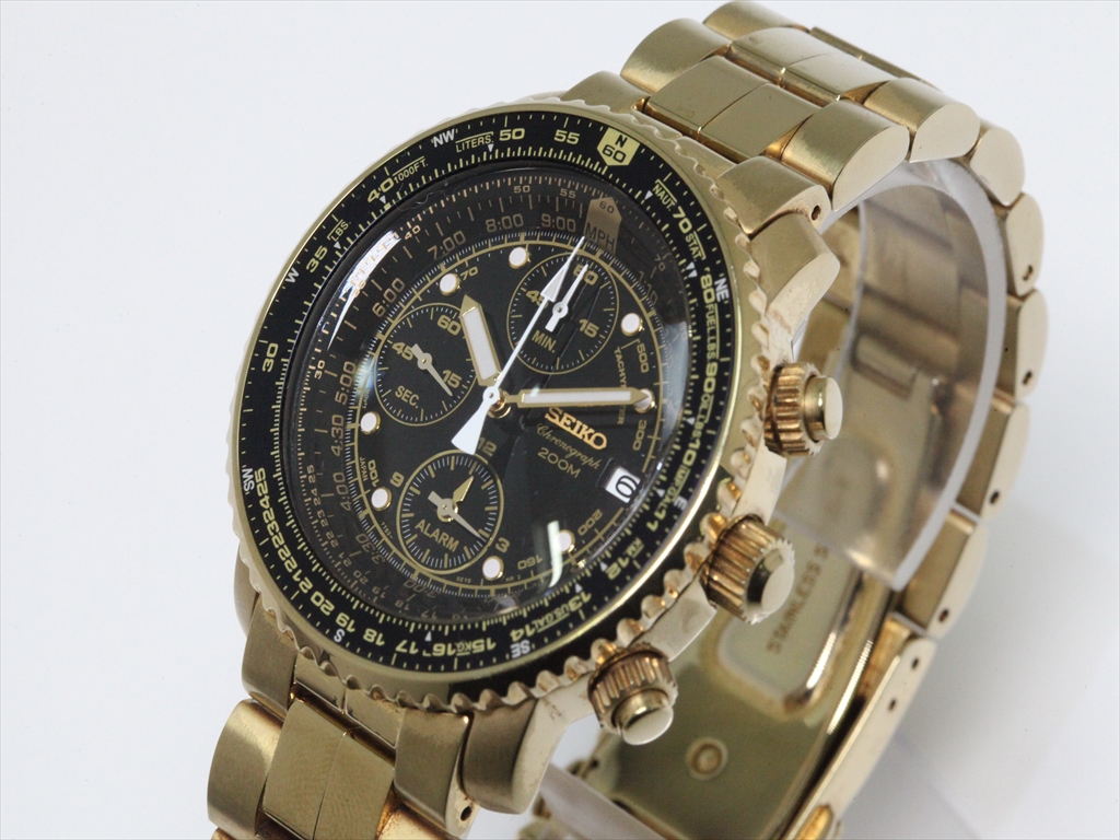 可動品【セイコー】7T62-0EB0　パイロット　クロノグラフ　アラーム付き　文字盤黒×ゴールド　200M　クォーツ　メンズ腕時計　f904