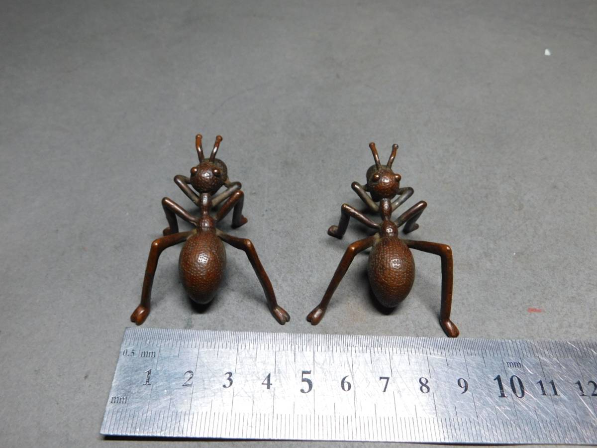 岡黒　極上　初だし品　唐物　銅製　蟻の筆架　2匹　盆景　美品　細密品