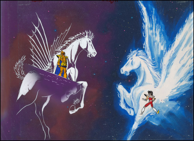 アニメ「聖闘士星矢」(星矢、紫龍、氷河)最終話、冒頭シーン／背景付き