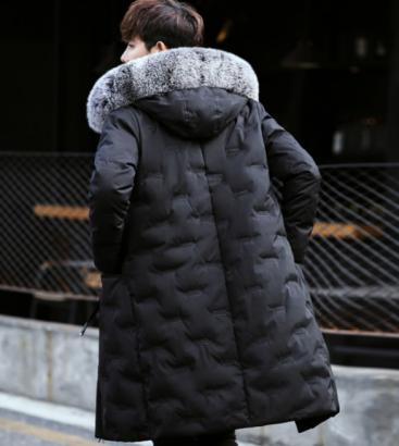 一目惚れ～2017冬限定■メンズ 厚手 ダウンジャケット ロング 保温 コート 防寒 スリム ファー 取り外し可 ブラック 4XL