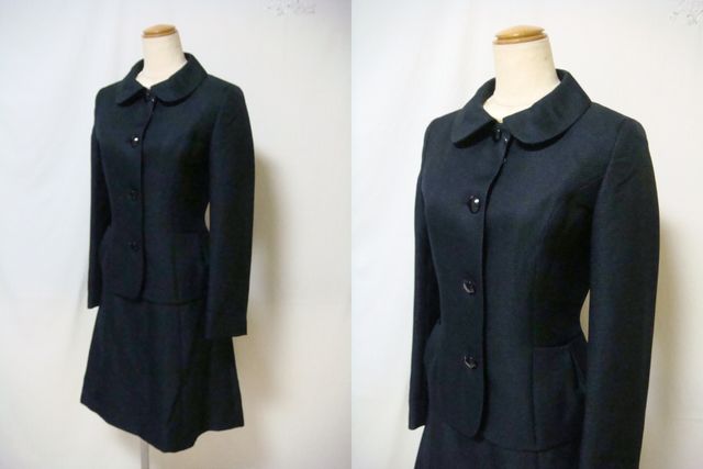 B278新品♪上品ステンカラーJKフレアースカートスーツ濃紺13号お受験卒業式