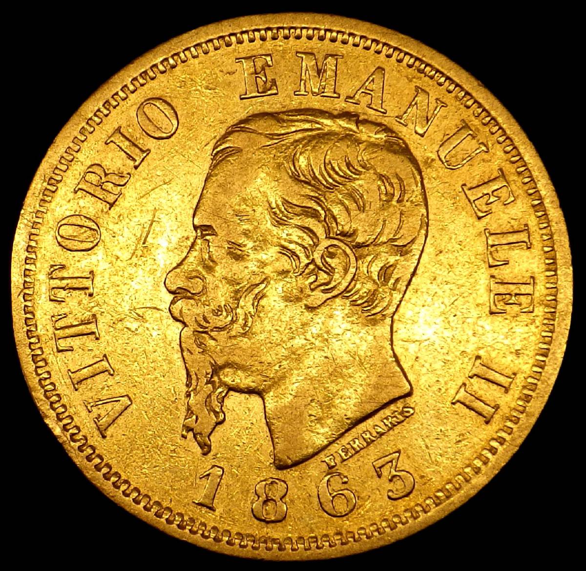 1863年 イタリア 10リレ金貨 エマヌエーレ二世 18.5mmタイプ