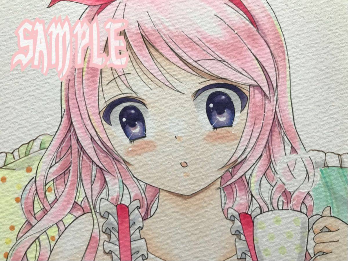 手描きイラスト オリジナル ピンク髪 女の子 色紙 現金特価 ピンク髪