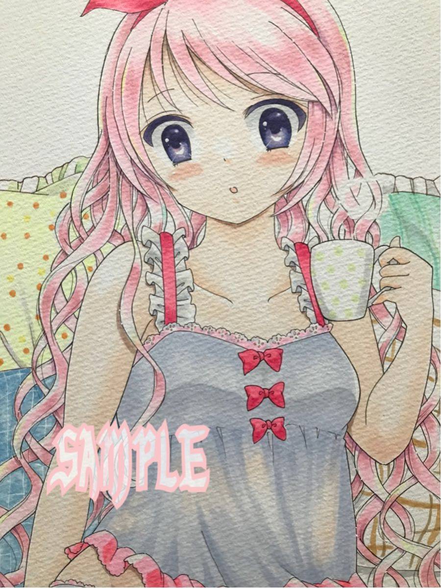 手描きイラスト オリジナル ピンク髪 女の子 色紙 現金特価 ピンク髪