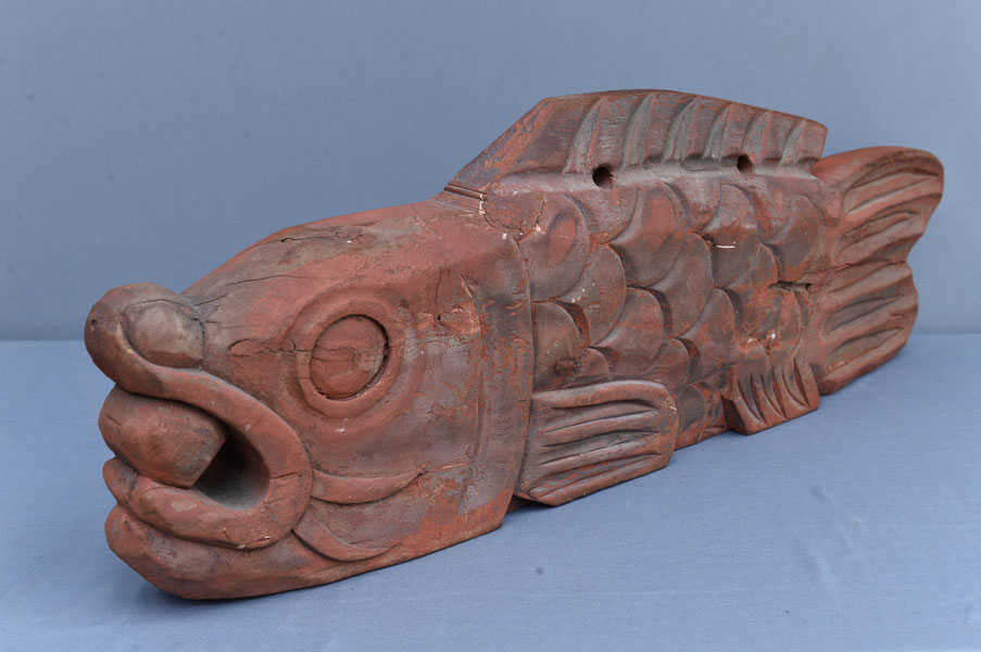 【即決】■古民具 自在鉤 竹 鯉 木彫り 囲炉裏道具 レトロ（全長：90～106cm）