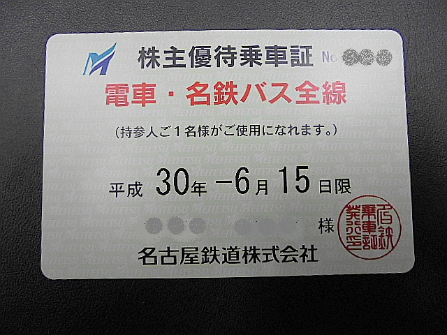 名古屋鉄道/名鉄/株主優待乗車証/男性名義/電車・バス全線/ 平成30年6