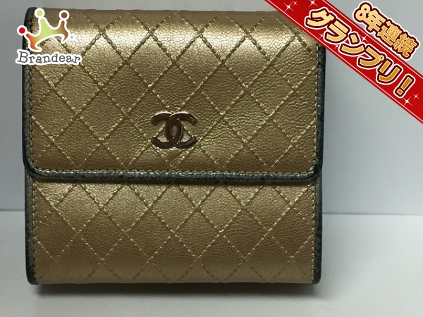 シャネル CHANEL 財布 Wホック財布 レザー ゴールド×グレー ビコローレ