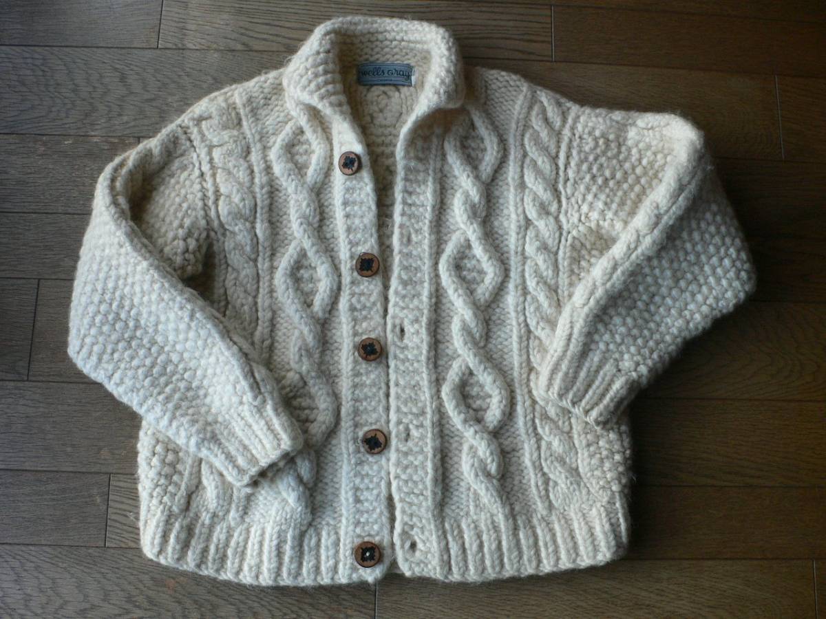 Wells Gray カナダ製　カウチンセーター　ボタンフロント　カーディガン　ジャケット　フィッシャーマン ケーブル編み 木製ボタン