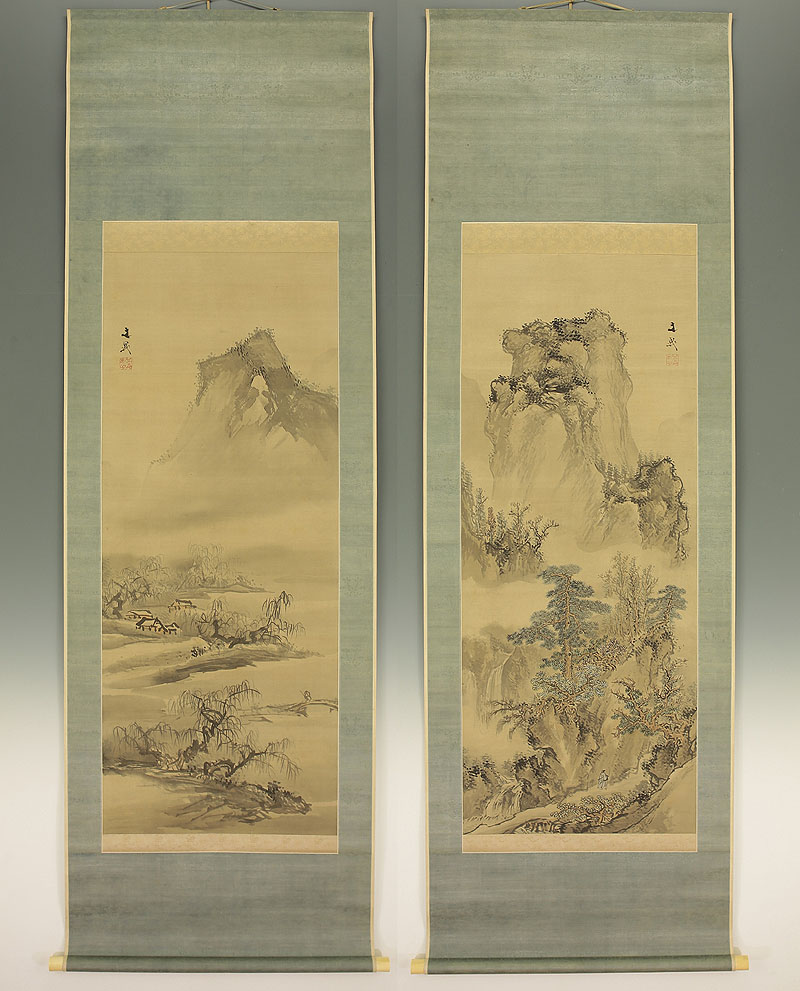【模写】　掛軸・書画 【山水】 双幅 江戸期画家 谷文晁 象牙 識箱 y642