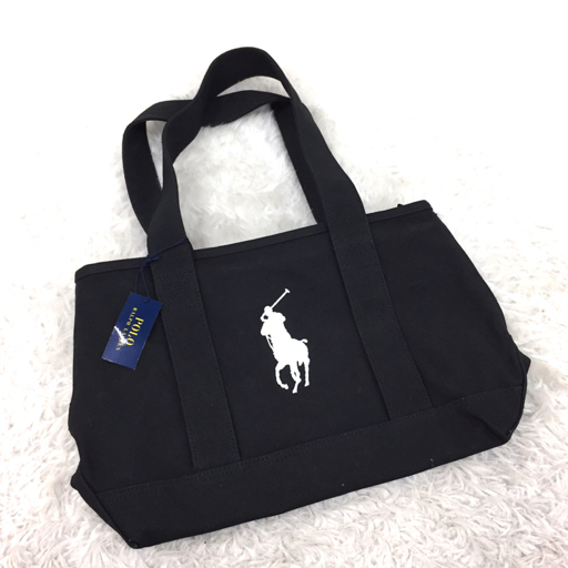 美品 ポロラルフローレン Polo Ralph Lauren トートバッグ ハンドバッグ 刺繍 コットン ブラック系×ホワイト系