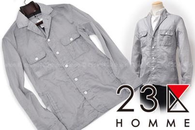 f862b新品28，080円 23区オム/23区HOMME(ニジュウサンク オム) リネン混サッカー ストライプ シャツジャケット46/ライトグレー(M)