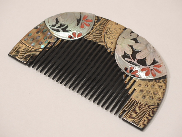 大ぶり 1）古い 本鼈甲 蒔絵 螺鈿 櫛 髪飾り べっ甲 アンティーク