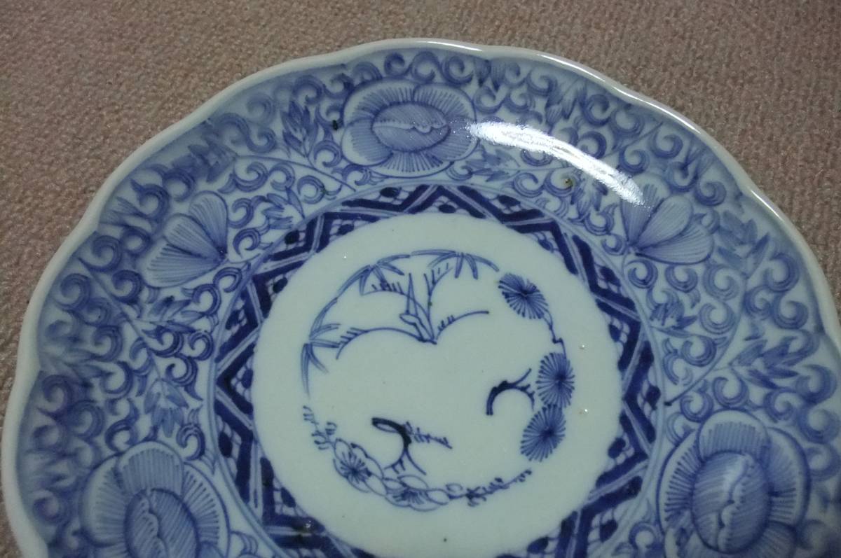 染付 線描き花文・麒麟図 七寸皿 古伊万里、染付線描き七