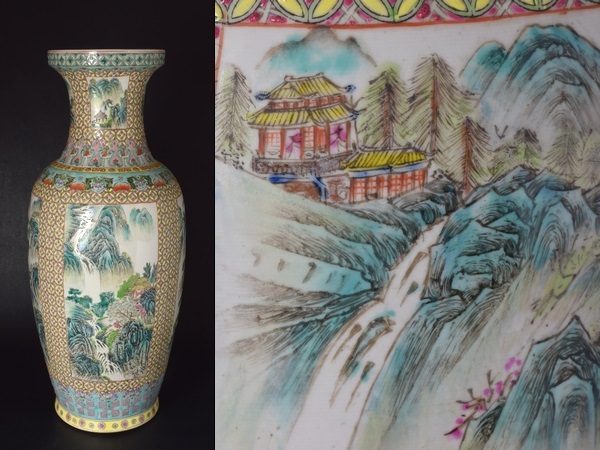 粉彩 中国 花弁山水文盤口瓶 M R6661B 中国景徳鎮製款 作品を知る 収蔵