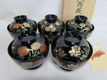 雉坂☆茶懐石【輪島塗 絵変り四季草花蒔絵吸物椀 五客 増穂 共箱