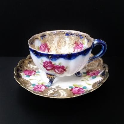オールドノリタケ メープルリーフ印コバルト金盛上 薔薇文様 カップ