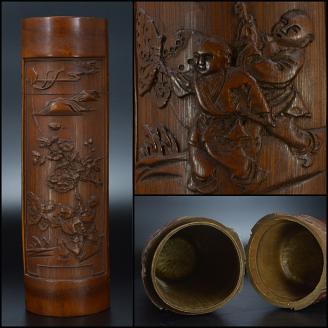 【唯SA】中国美術　古竹細工　山水唐子彫　竹筒　茶筒　古玩　AHZS