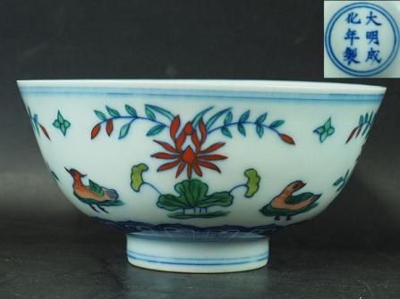 大明成化年製】銘 細密画 豆彩花鳥図茶碗 闘彩 唐物 中国古玩 中国