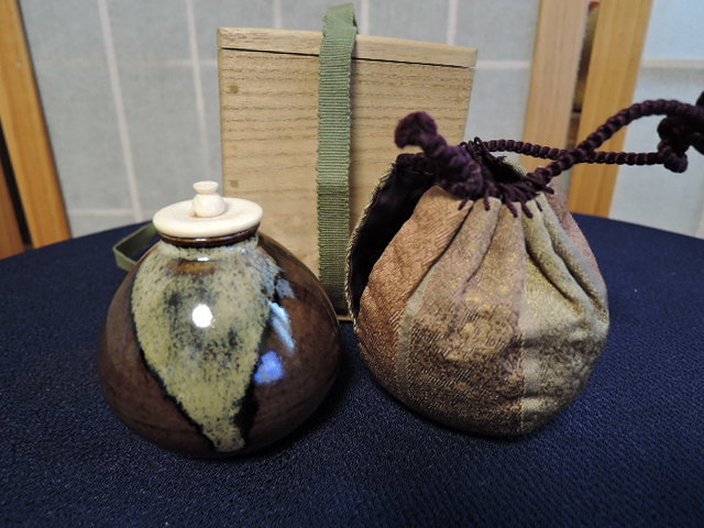 茶道具 陽炎園造 淡海せこ 茶入 共箱 象牙蓋 共箱 仕覆 膳所焼 共箱