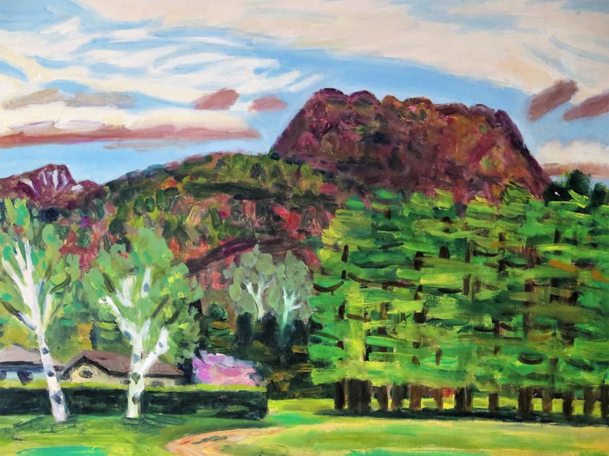 真作保証 後藤武久 「新緑の高原風景」 油彩 F8号 日展特選2回 日展無