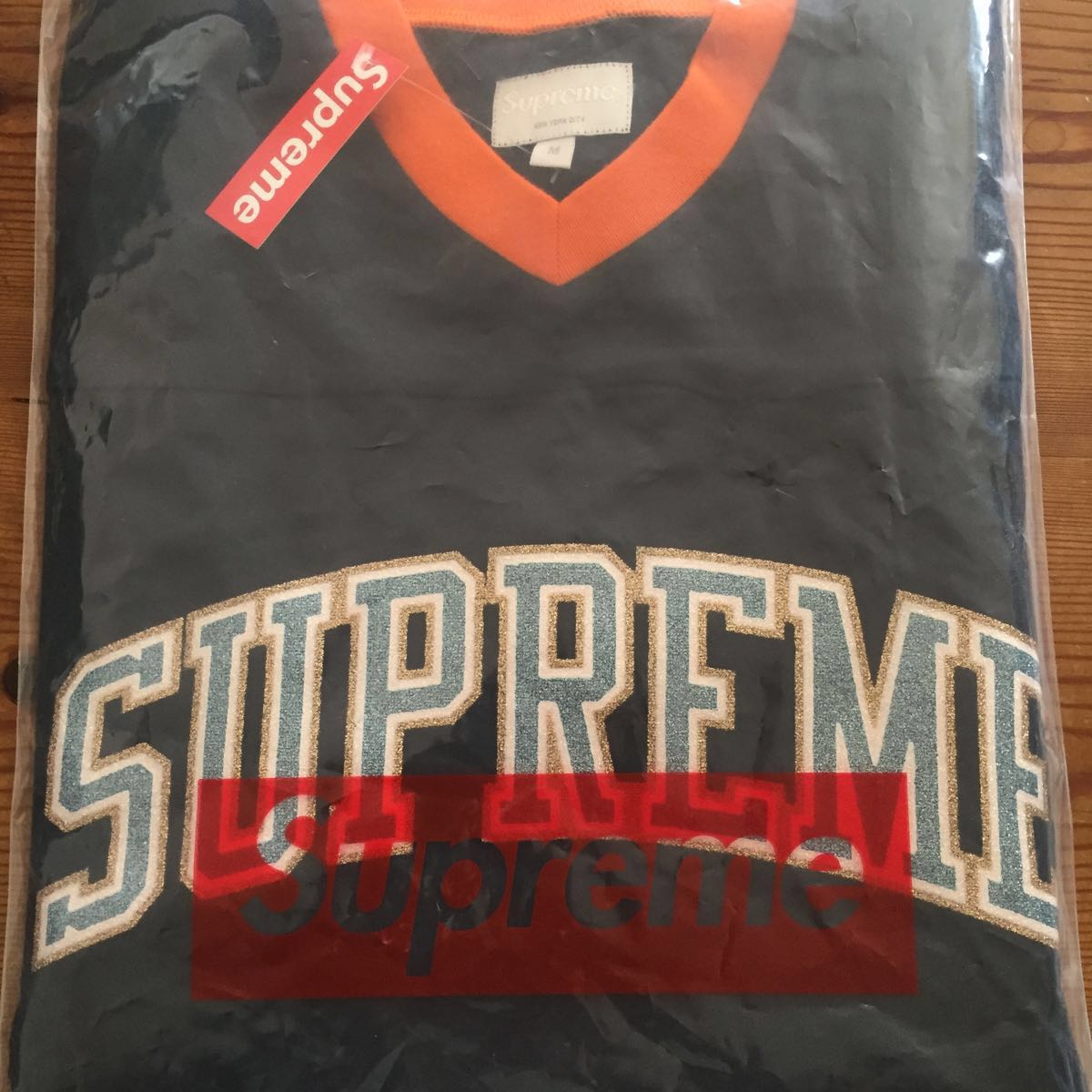 新品 送料無料 17aw Supreme Glitter Arc Football Top Navy M