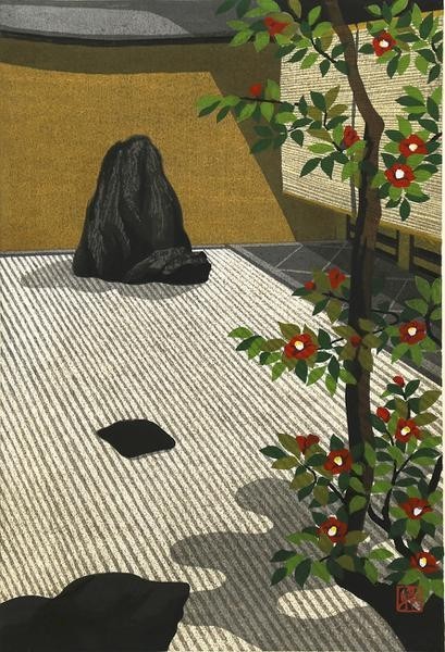 WISH】○井堂雅夫 個展50回 木版画「大仙院の椿」 椿木立 古都 [真作