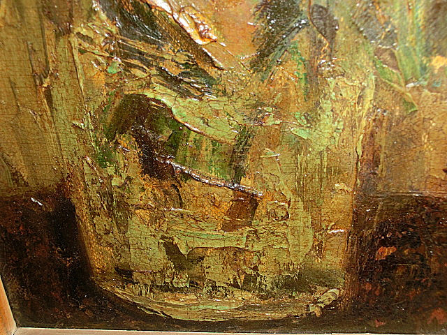 古い油絵 板絵 ゴシック調 額縁 木彫り額 額装 肉筆画 真筆保証 静物画