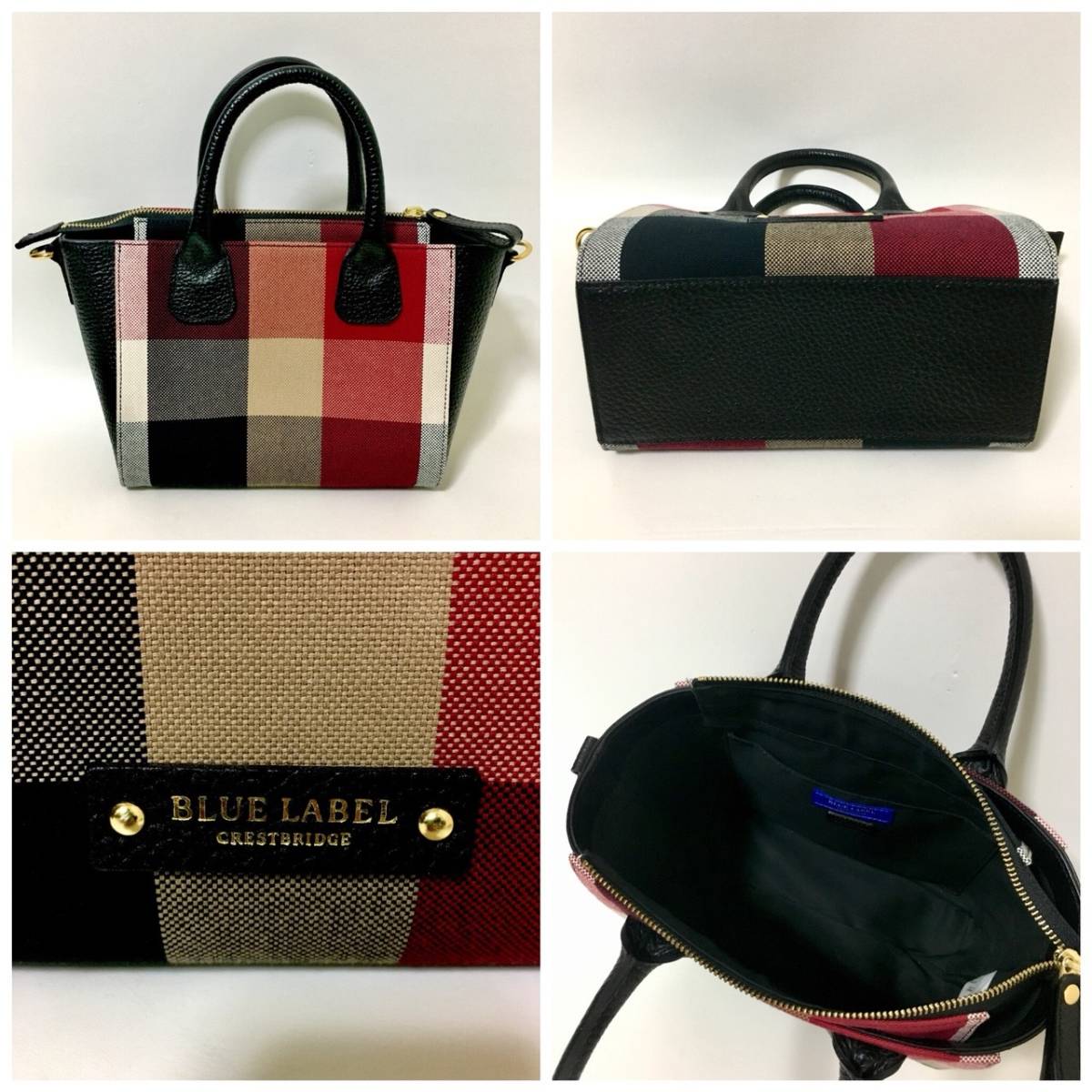ご購 美品 ブルーレーベル クレストブリッジ レザー使用 チェック柄 