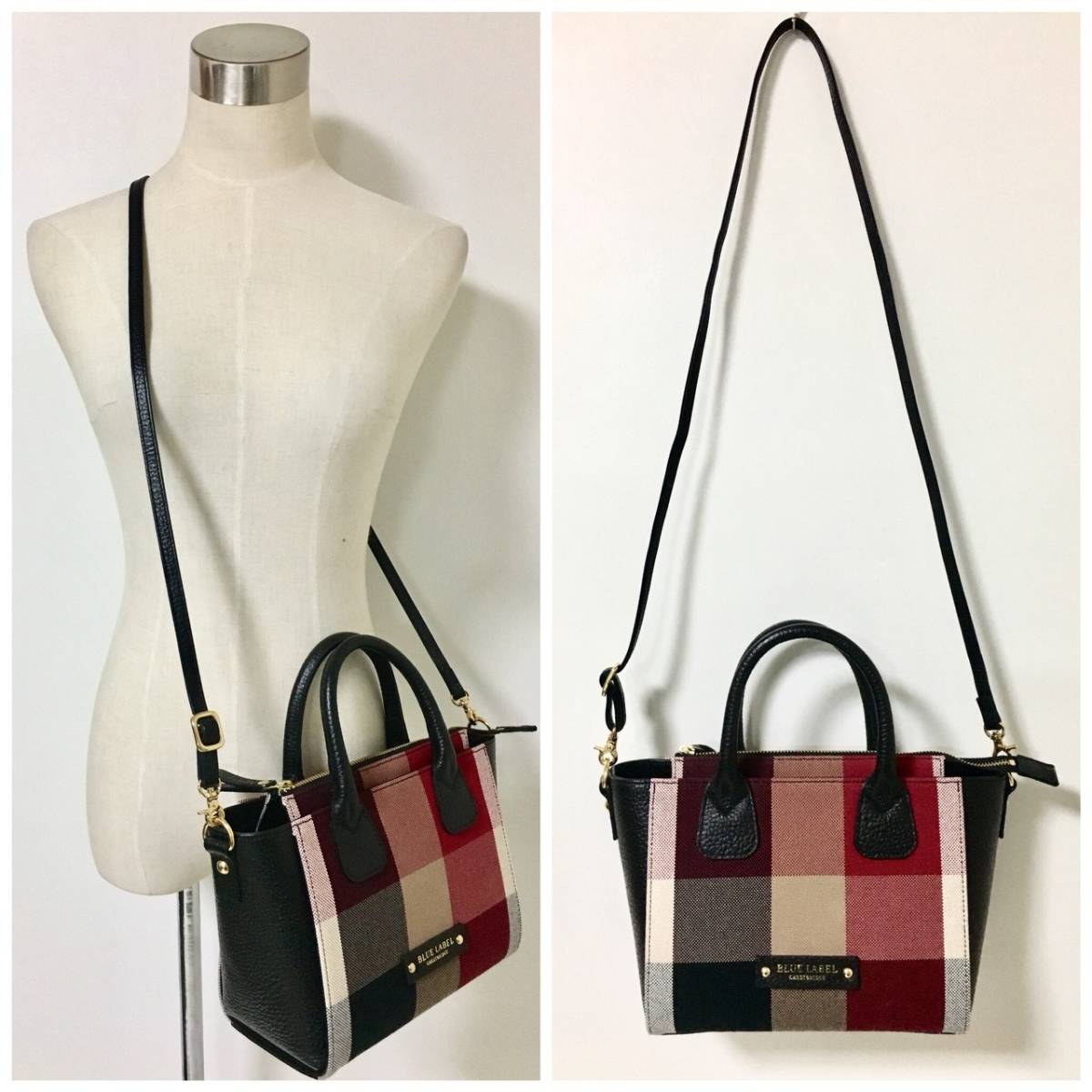 ご購 美品 ブルーレーベル クレストブリッジ レザー使用 チェック柄 