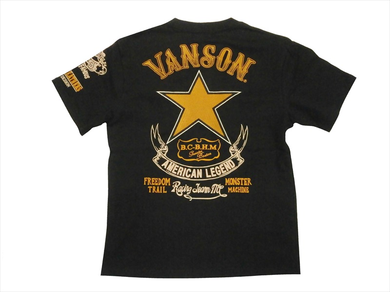 Vanson バンソン NVST-817 刺繍＆プリント「ワンスター」ヘンリーネック 半袖Tシャツ 黒L新品
