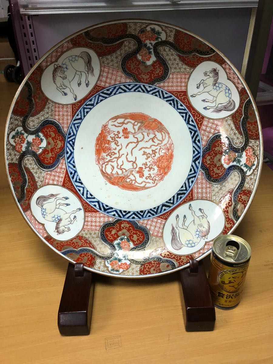 古伊万里 四馬鳳凰 色絵 大皿 江戸時代 染付