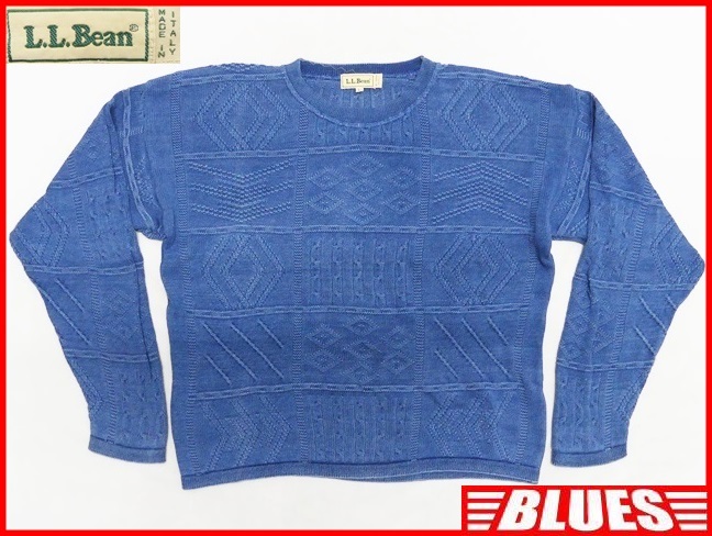 即決★L.L.Bean★レディースL イタリア製 ビンテージ古着 インディゴニット エルエルビーン ケーブル編み セーター 80s メンズ コットン