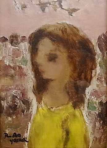 ab4128 真作保証 青山龍水 「小鳥と少女」 人物画 SM号 青山龍水 真作 長崎県出身 二科会常務理事 独特な描写で優しさまでが伝わる少女像 0