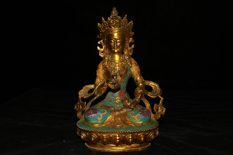 蔵友館蔵品・銅製・金鍍・寶石嵌・景泰藍・琺瑯彩・綠度母像・希少 銅