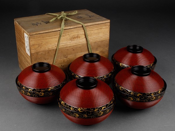 宇】溜塗 縁唐草蒔絵 吸物椀五客 元箱 GD417 流能登輪島塗 瓜蒔絵溜塗