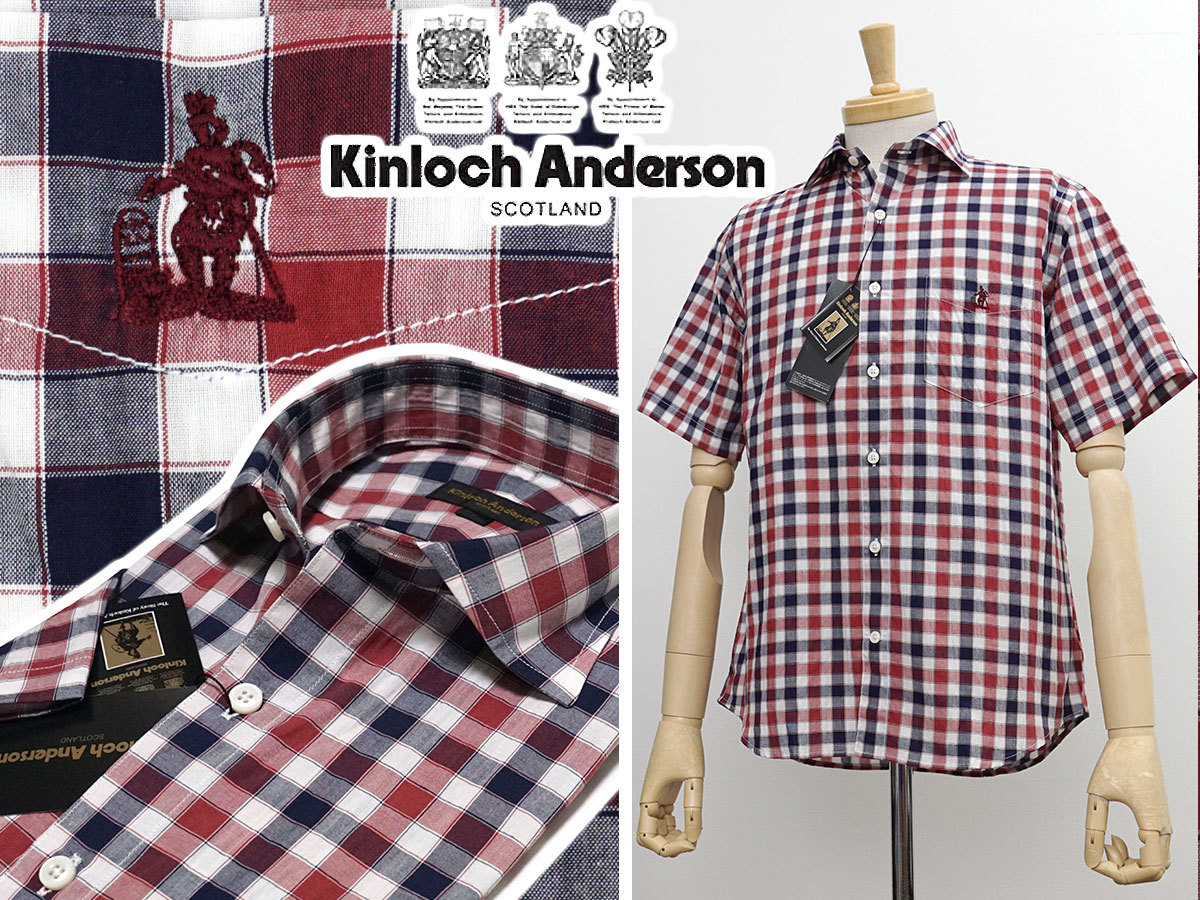 定価16200円 英国王室御用達 キンロックアンダーソン【新品/L】半袖　ドレスシャツ　トラッドなチェック柄　ブランドロゴ刺繍入【紺赤/L】