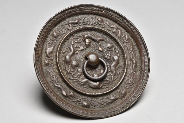 銅製 麒麟文 遊環摘 古鏡蓋 鉄瓶 蓋 】 煎茶道具 銅蓋 鉄瓶