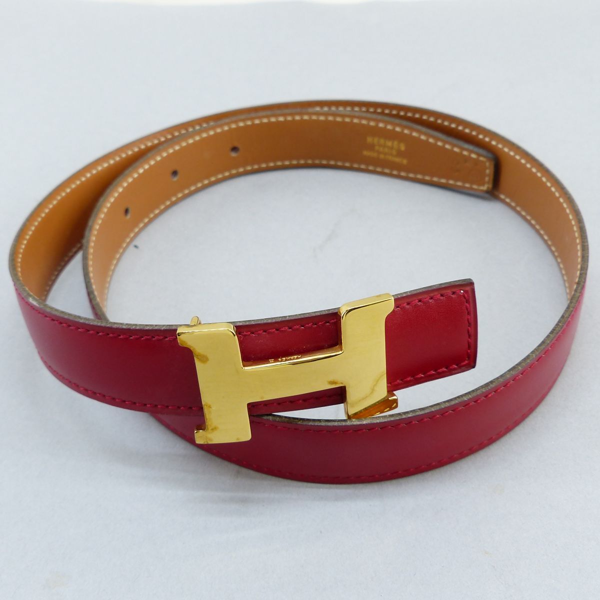 HERMES☆レディース レザー ベルト Hバックル ボルドー系 ○Q 65刻☆袋