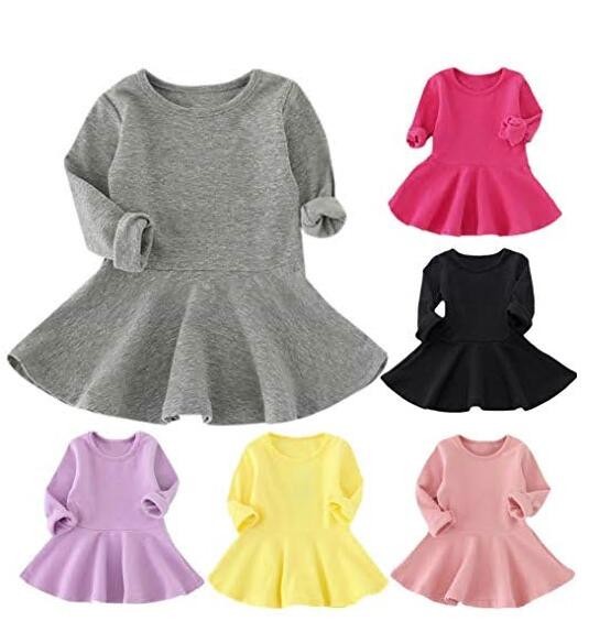 女の子 長袖 ワンピース チュニック フレア ベビー服 無地 ドレス コットン生地 膝上丈 かわいい 通園 　グレー