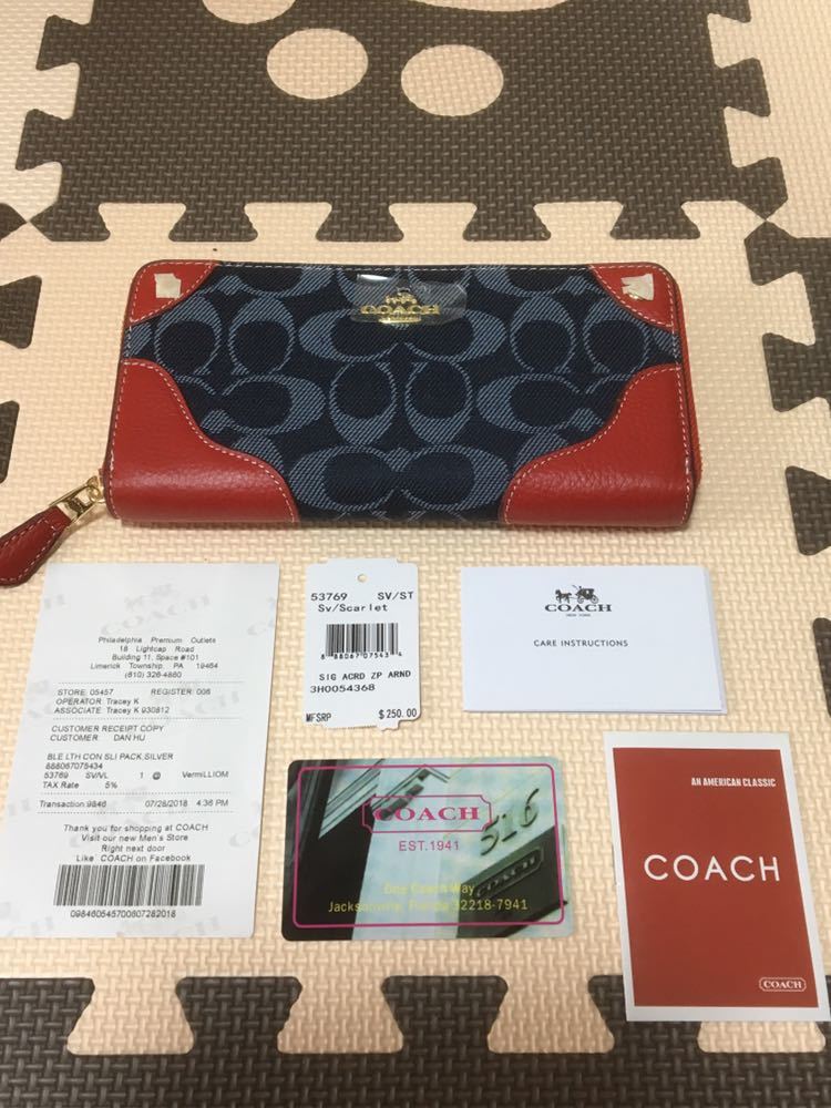 お買い得，100%新品 COACHの長財布 珍しいレザー&times;デニム(長財布（小銭入れあり）)｜売買されたオークション情報、yahooの商品情報をアーカイブ公開 - オークファン 長財布（小銭入れあり）