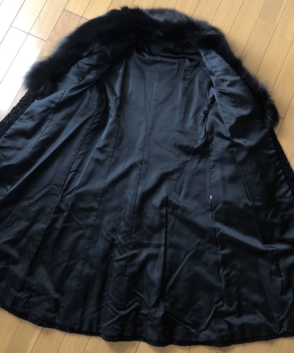 アストラカン コート 襟フォックス 本毛皮 高級 毛質艶やか 美品 
