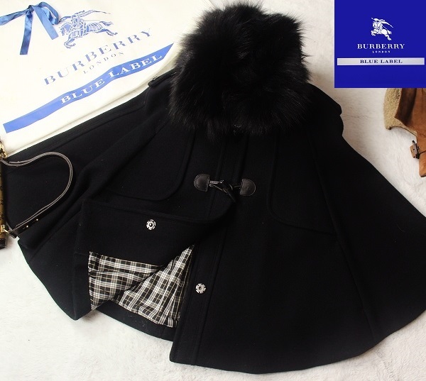 ★美品★　カタログ掲載完売　バーバリーブルーレーベル　BURBERRY BLUELABEL 厚手ウールで暖かい ファー付き美シルエットポンチョコート38