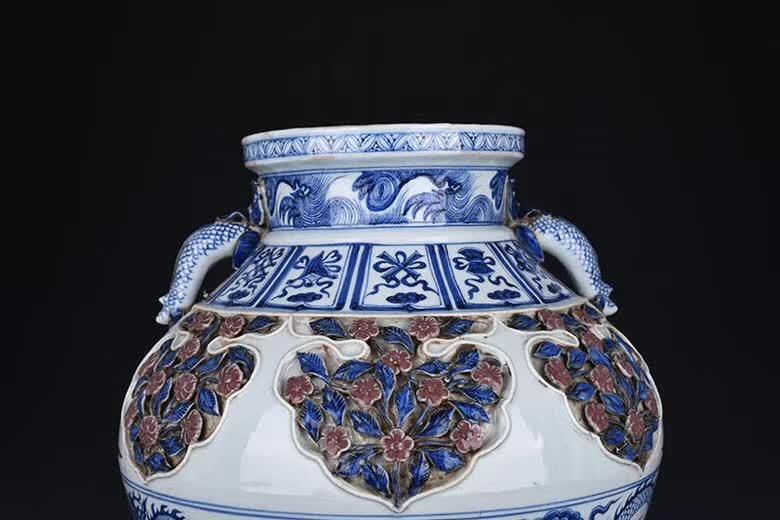 鴻】・9【伝来】元青花 釉里紅雲龍貼塑花卉紋龍耳大罐 中国美術 蔵出