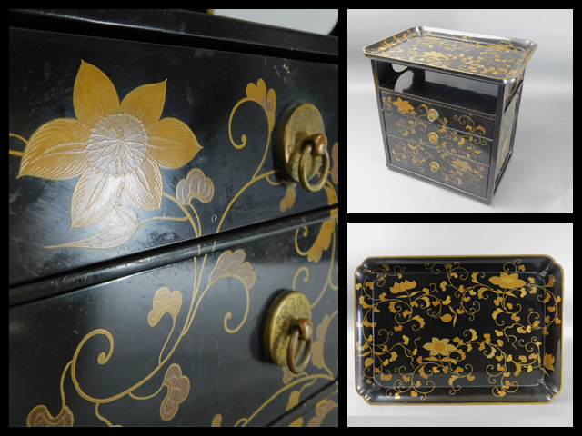 時代漆器 黒漆塗 金蒔絵宝尽唐草文 平卓 花台 香炉台 飾台 古美術品 骨董品 時代漆器 黒塗 金蒔絵 花唐草模様 三段 小引出 櫛台 小箪笥 化粧道具