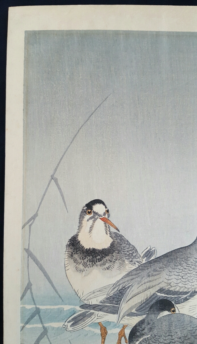 渡邊版 「波に千鳥」 初摺り 渡邉庄三郎印 真作 木版画 小原古