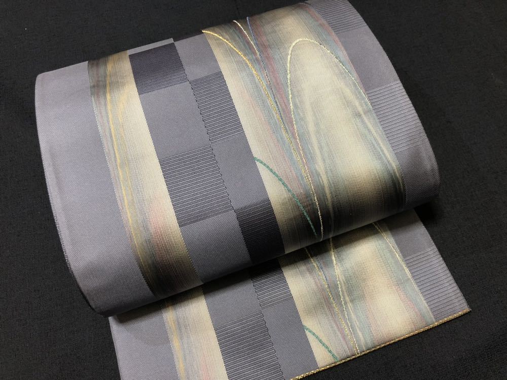 ◇日本伝統工芸絣◇しゃれ袋帯　縹色地にスペクトル　新品　未使用