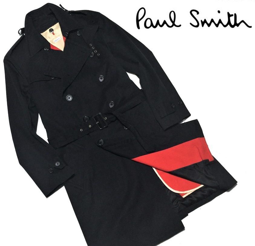 Paul Smith ポールスミス 日本製 レッドカラー裏地 ウールライナー付き 上質 コットン トレンチコート メンズ XL 黒 ブラック 細身